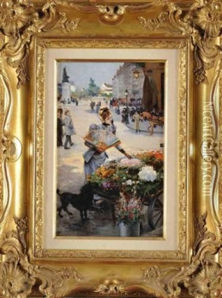 Le Marchand De Fleurs Place De Clichy Oil Painting - Ricardo (Federico) Corchon y Diaque