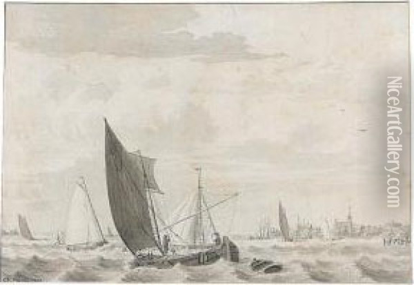Boats On A Choppy River Estuary Oil Painting - Cornelius van Noorde