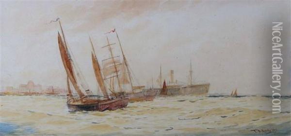 Fishing Vessels And A Passenger Liner Off The Coast Oil Painting - Thomas Bush Hardy