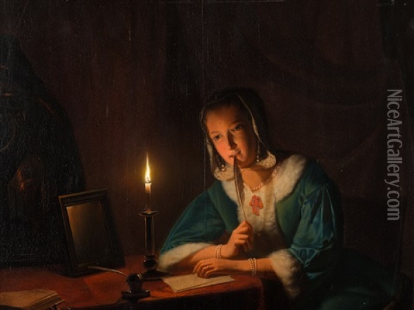 Girl By Candlelight Oil Painting - Johannes Rosierse