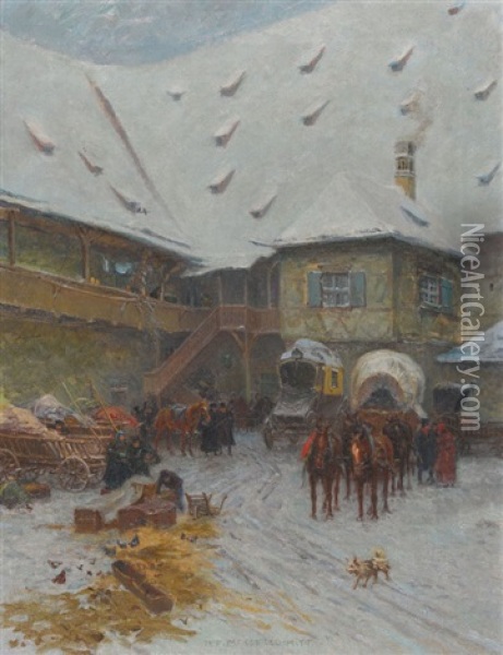 Winterlicher Innenhof Mit Kutschen Oil Painting - Pius Ferdinand Messerschmitt