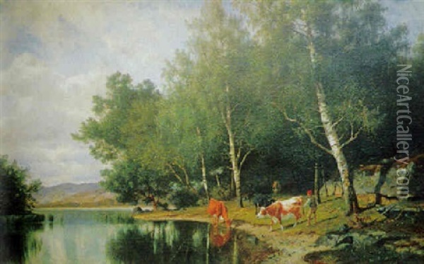 Svenskt Insjolandskap Med Kor Och Vallpojke Oil Painting - Edward (Johan-Edvard) Bergh