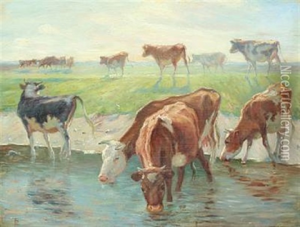 Calves And Cows At The Watering Place, Saltholm In Sunlight Oil Painting - Theodor Philipsen