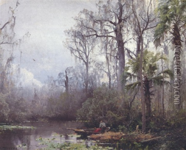 Figures In A River Landscape Oil Painting - Hermann Herzog