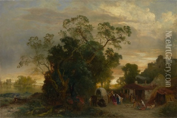 Settlement By A River Oil Painting - Paul Von Franken