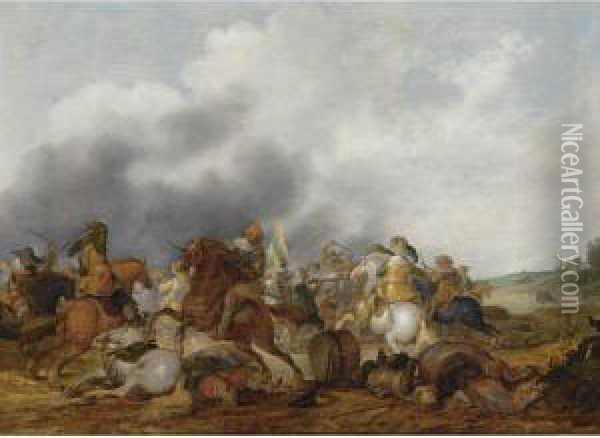 A Cavalry Battle Scene In An Open Field Oil Painting - Palamedes Palamedesz. (Stevaerts, Stevens)