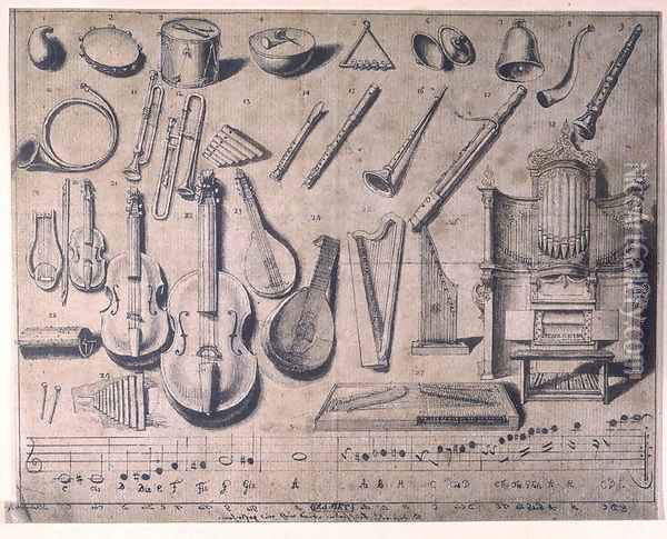 Various musical instruments: the percussion, the stringed and wind instruments, the organ, 20th century Oil Painting - Daniel Nikolaus Chodowiecki