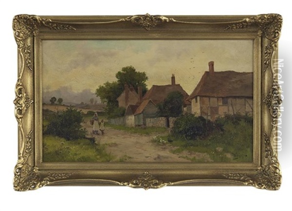 Mother And Child Walking On Path Near Cottages Oil Painting - William Penhallow Henderson