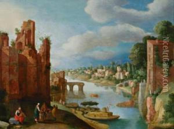 Veduta Del Tevere Con Il Ponte Rotto Oil Painting - Willem van, the Younger Nieulandt