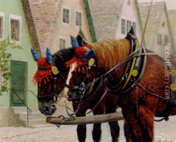 Heste I Sondagsseletoj Pa Gade I Tonder Oil Painting - Adolf Heinrich Claus Hansen