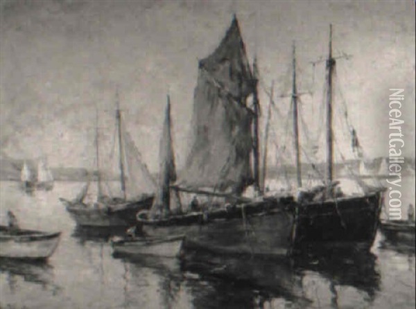 Moored Fishing Boat Oil Painting - William Dudley Brunett Ward Jr.