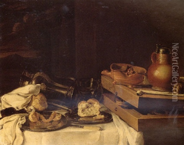 Still Life Of A Box Of Draughts, A Clay Brazier Of Burning Coals, An Earthenware Jug, A Clay Pipe, Bread And A Pewter Jug Oil Painting - Franchoys Elout