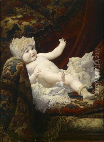 Portrait Of A Baby On A Sofawearing A Lace Cap Oil Painting - Ernst Klimt