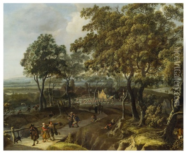 Wooded Landscape With Village Fair Oil Painting - Jan Looten