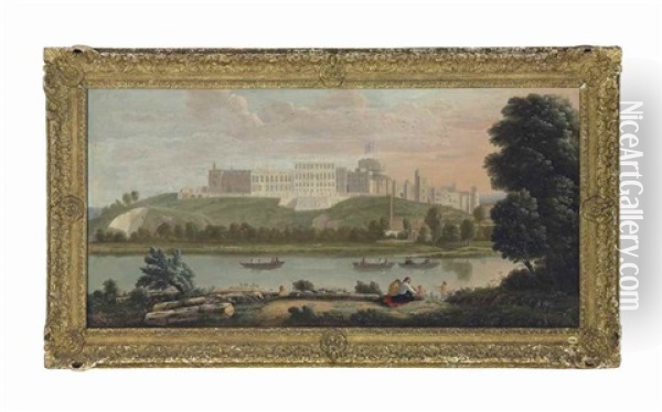 View Of Windsor Castle From The North, With Figures Boating On The River Thames And Bathers On The Bank Oil Painting - Hendrick Danckerts