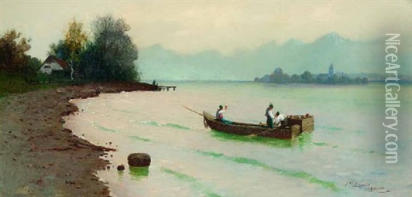 Chiemseelandschaft Mit Fischerboot, Im Hintergrund Blick Auf Die Fraueninsel Oil Painting - Carl Leopold