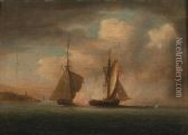 'gibraltar Point - English 
Cutter And Spanish Cutter Engaging'; Shipwrecked Sailors Being Rescued Oil Painting - Thomas Buttersworth