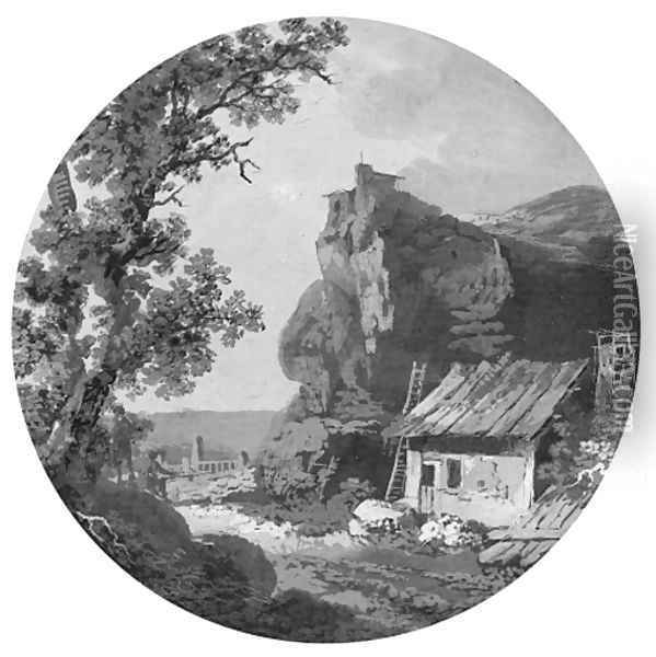 A landscape with a house near rocks Oil Painting - Claude-Henri Watelet