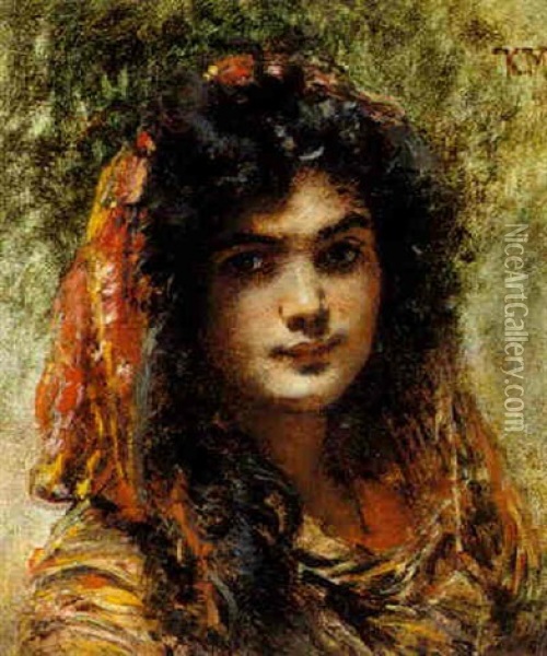 Portrait Of A Dark Haired Girl Oil Painting - Konstantin Egorovich Makovsky