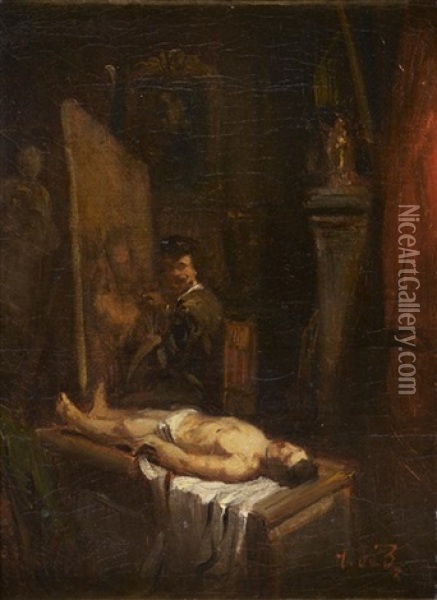 Rembrandt Dans Son Atelier Peignant La Lecon D'anatomie Oil Painting - Tony-Francois de Bergue