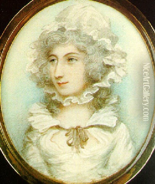 A Young Lady Wearing White Dress With Ruff Collar Tied With Brown Bow And Matching White Bonnet Oil Painting - Andrew Plimer
