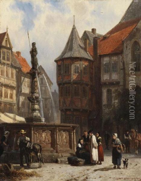 Am Brunnen Vor Dem Rathaus Von Hildesheim Oil Painting - Cornelis Springer