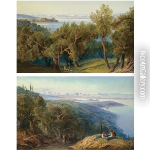 Corfu From The Village Of Ascension (+ Corfu From Gastouri; Pair) Oil Painting - Edward Lear