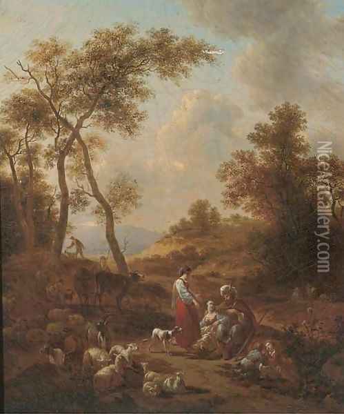 An Italianate landscape with Jacob, Leah and Rachel Oil Painting - Nicolaes Berchem