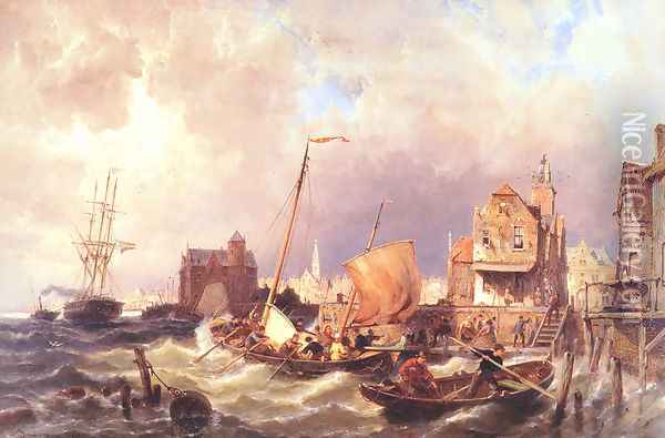 Shipping before a Dutch Harbour Town Oil Painting - Pieter Christian Dommerson