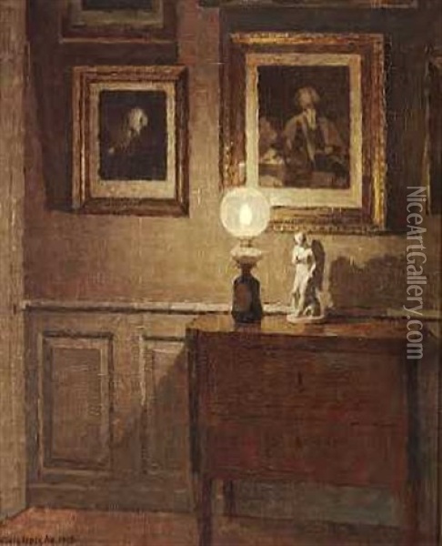 Interior Med Empirekommode Hvorpa Lampe Og Skulptur, Pa Vaeggen Kobberstik Oil Painting - Niels Holsoe