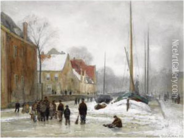 Figures On A Frozen Canal In A Wintry Town Oil Painting - Julius Jacobus Van De Sande Bakhuyzen