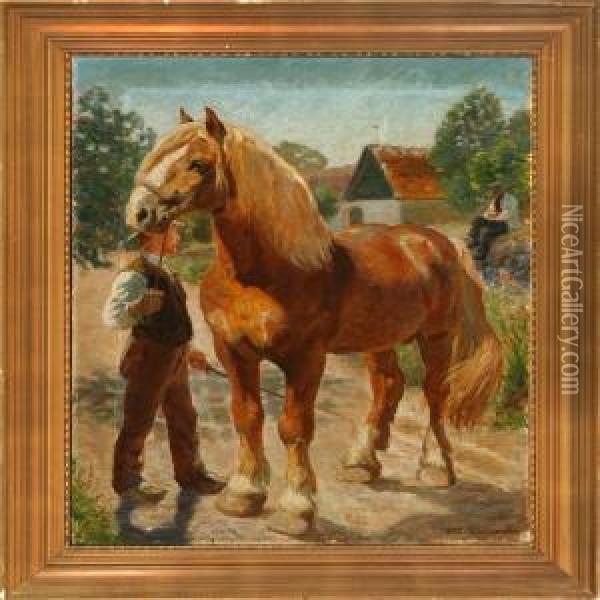 Stableman With A Work Horse Oil Painting - Georg Sophus Seligmann