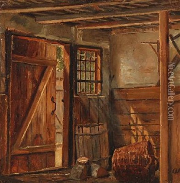 Interior From A Barn Oil Painting - Otto Haslund