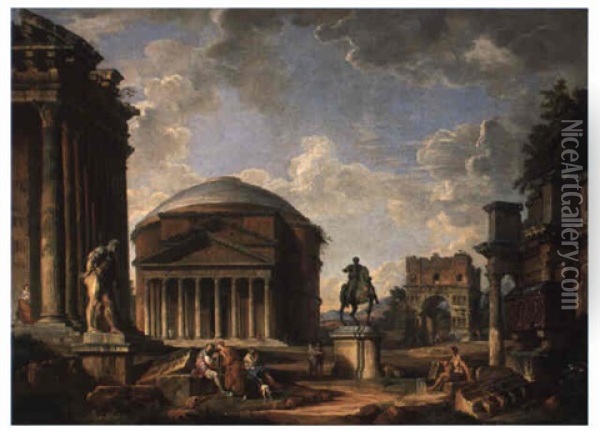 Capriccio With The Pantheon, The Arch Of Janus, And The Farnese Hercules Oil Painting - Giovanni Paolo Panini