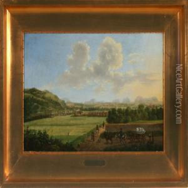 German Landscape Presumably From Konigstein With Horsecart And Walking Figures Oil Painting - Johann Fried. Alex. Thiele