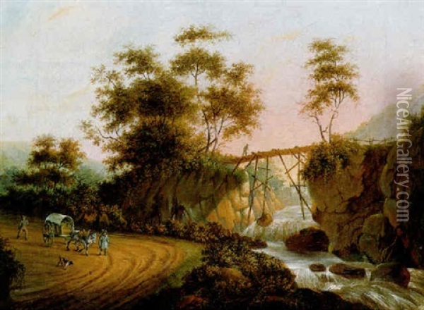 Travellers With A Horse And Wagon On A Sandy Track Near A Waterfall, A Shepherd On A Footbridge Beyond, In A Mountainous Landscape Oil Painting - Joseph Augustus Knip