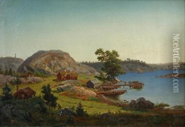 Cottages By A Fjord Oil Painting - Karl August Fahlgren