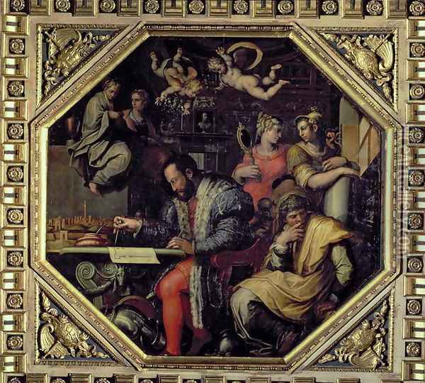 Cosimo I de' Medici (1519-74) planning the conquest of Siena in 1555, from the ceiling of the Salone dei Cinquecento, 1565 Oil Painting - Giorgio Vasari