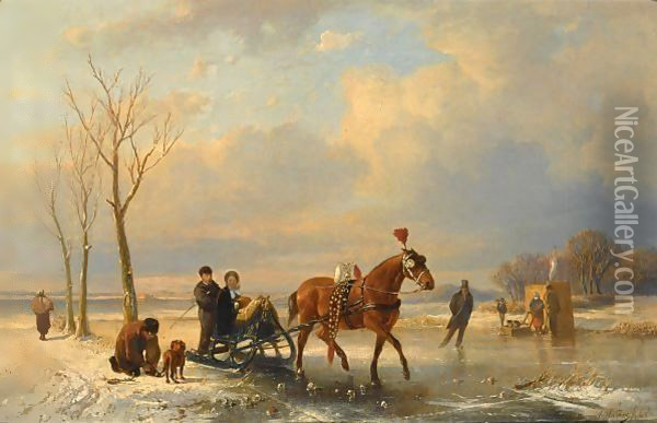 A Winter Landscape With Figures On A Sleigh, A 'Koek En Zopie' In The Background Oil Painting - Anton Mauve