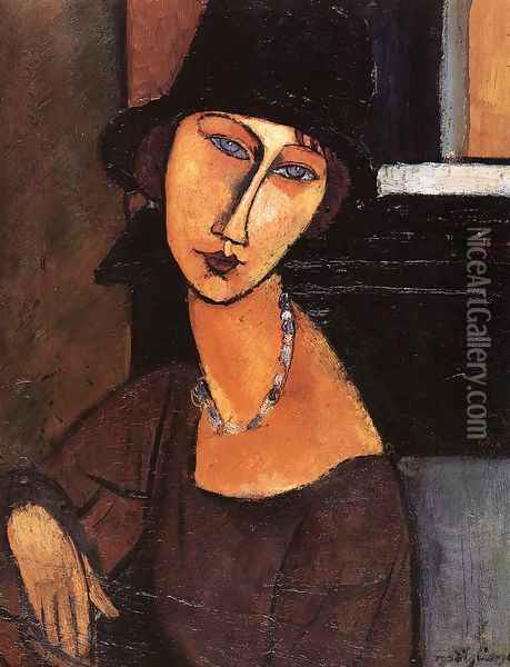 Jeanne Hebuterne with Hat and Necklace Oil Painting - Amedeo Modigliani