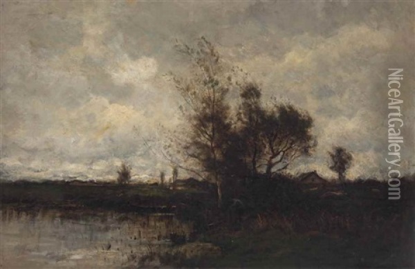 Landscape With Figure Along Water's Edge Oil Painting - Karl Pierre Daubigny