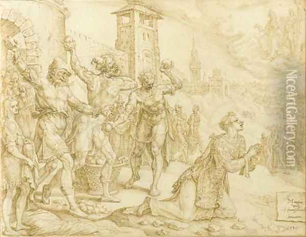The Stoning of Saint Stephen (Acts 755-69) Oil Painting - Maerten van Heemskerck