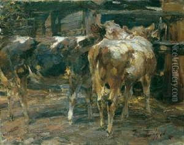 Rinder Vor Dem Stall. Signiert Unten Rechts: H Zugel. Ol Auf Leinwand. H 36; B 45 Cm. Oil Painting - Heinrich Johann Von Zugel