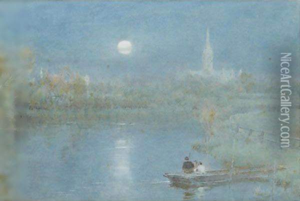 Figures Boating Before Salisbury Cathedral In The Moonlight Oil Painting - Albert Goodwin