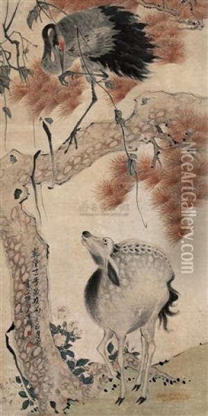 Deer And Crane Oil Painting -  Li Shan