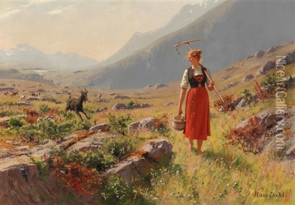 Herdswoman Returning Home Oil Painting - Hans Dahl