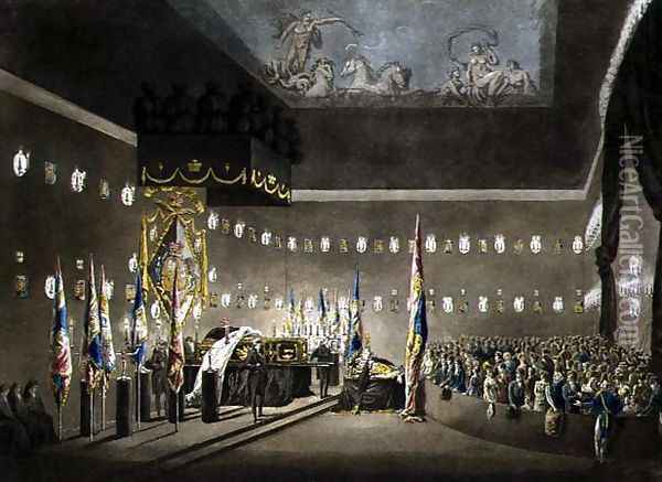 Remains of Lord Viscount Nelson Laying in State in the Painted Chamber at Greenwich Hospital, engraved by J. Merigot, pub. 1806 Oil Painting - Augustus Charles Pugin