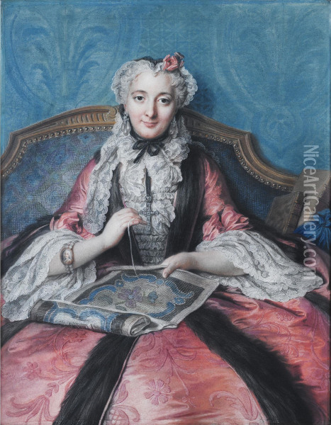 Portrait De Femme A Son Ouvrage Oil Painting - Charles-Antoine Coypel
