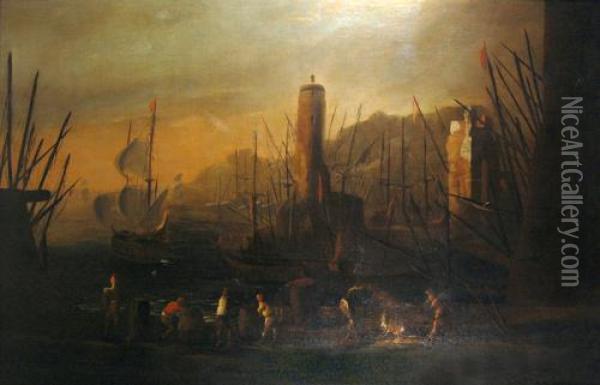 Porto Con Imbarcazioni, Pescatori E Torre Oil Painting - Agostino Tassi