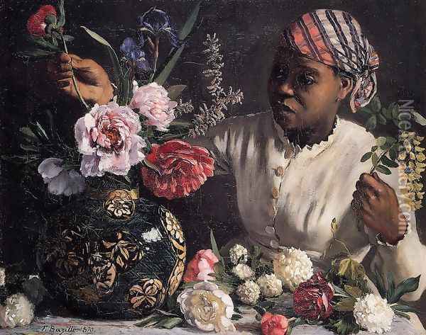 African Woman with Peonies Oil Painting - Jean Frederic Bazille